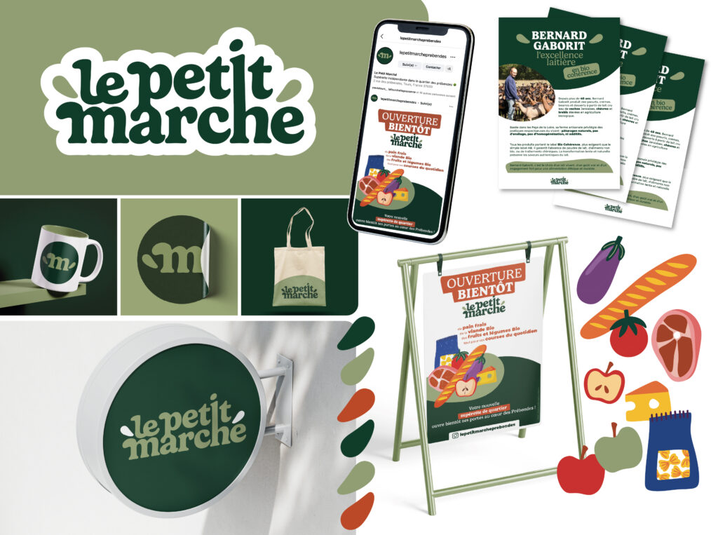 affiche ouverture, affiche horaire, affiche promotionnelle, affichage prix (cadre , panneaux), zoom producteurs (portrait du producteur pour les épiceries ou commerces qui travaillent en chaînes courtes), zoom produits (idées recettes, origine), carte fidélité, flyer promo, flyer explicatifs , agence Tours, logo, identité visuelle