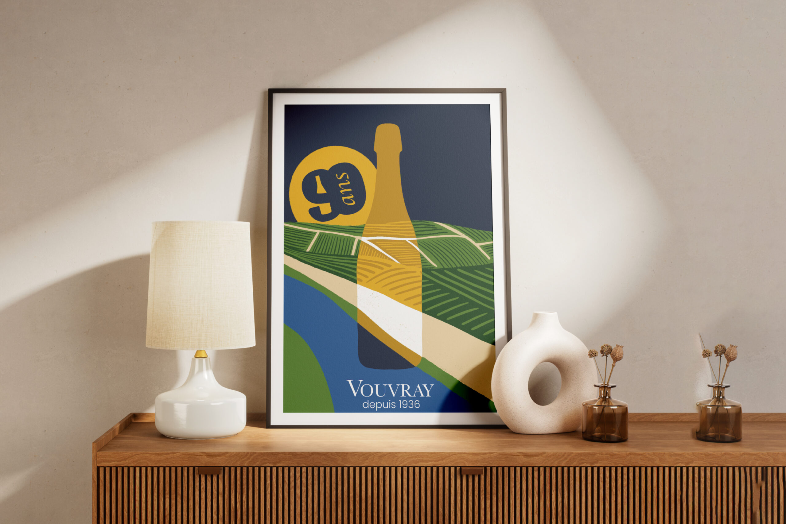 90 ans Vouvray AOC appel d’offres public, identité visuelle, charte graphique complète, logo, palette de couleurs, typographies, des motifs graphiques identitaires, graphisme, graphiste, agence de communication, Tours, vignerons, appellation, supports (affiches, stickers, poster, kakemono, tote-bag...), vigneron, appellation