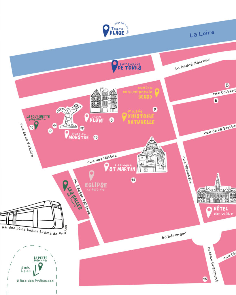 carte Tours ville de Tours graphiste agence de communication support impression imprimé flyer brochure commune mairie illustration cathédrale basilique plan gare tram