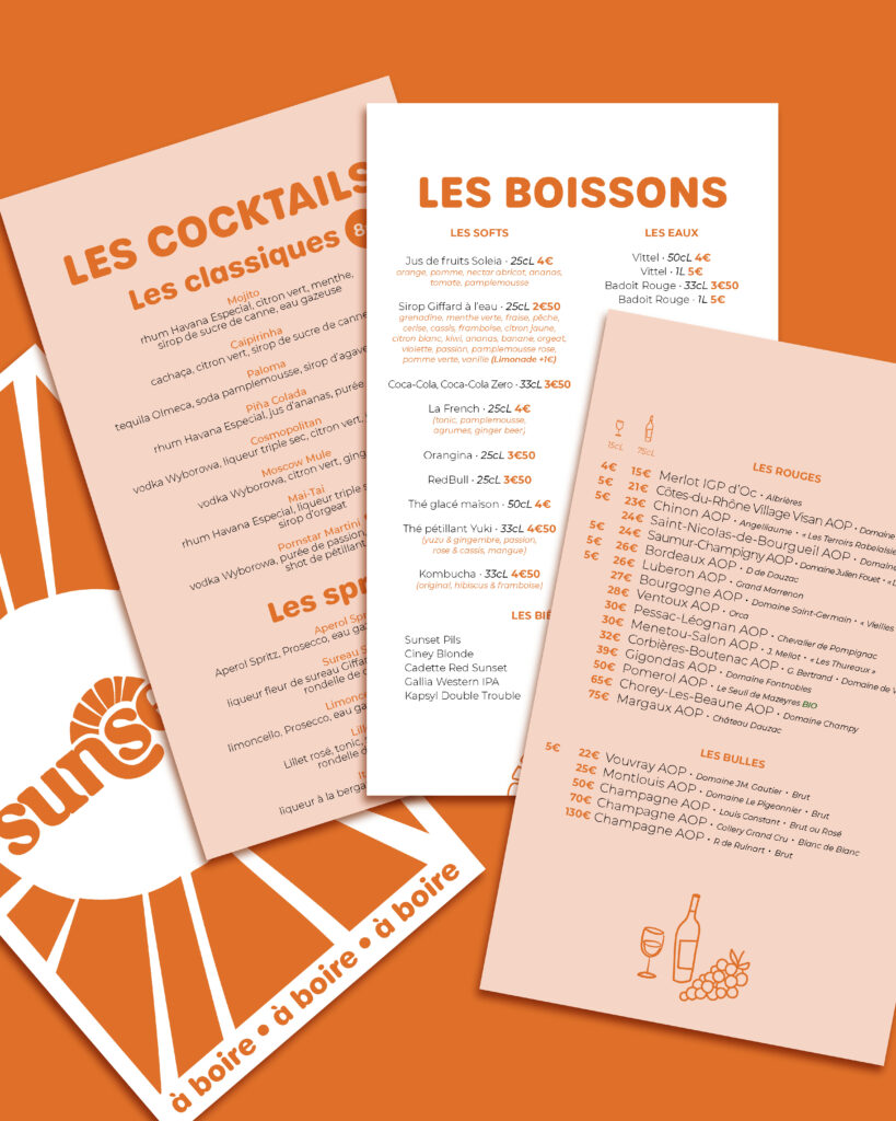 sunset restaurant sorigny tours logo • carte de restaurant illustrée • design de carte de restaurant graphiste • identité visuelle de restaurant • menu de restaurant design • illustration sur mesure • graphiste restaurant • studio graphique à Tours • agence de communication restauration • carte de restaurant contemporaine • mise en page de menu • graphiste Tours • agence de communication Tours • design menu restaurant Tours